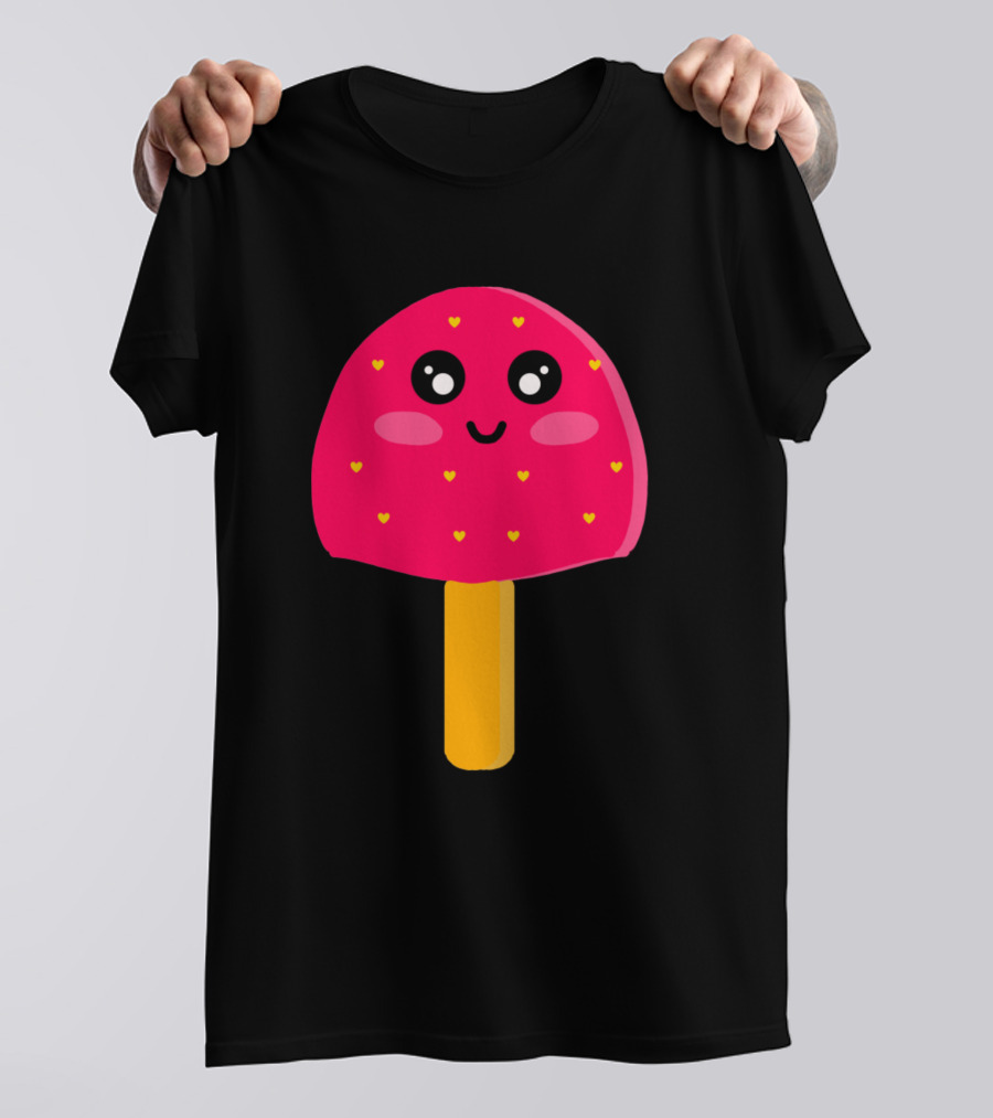 Pink Strawberry Ice Cream Cute Kawaii Heart Faces T-Shirt