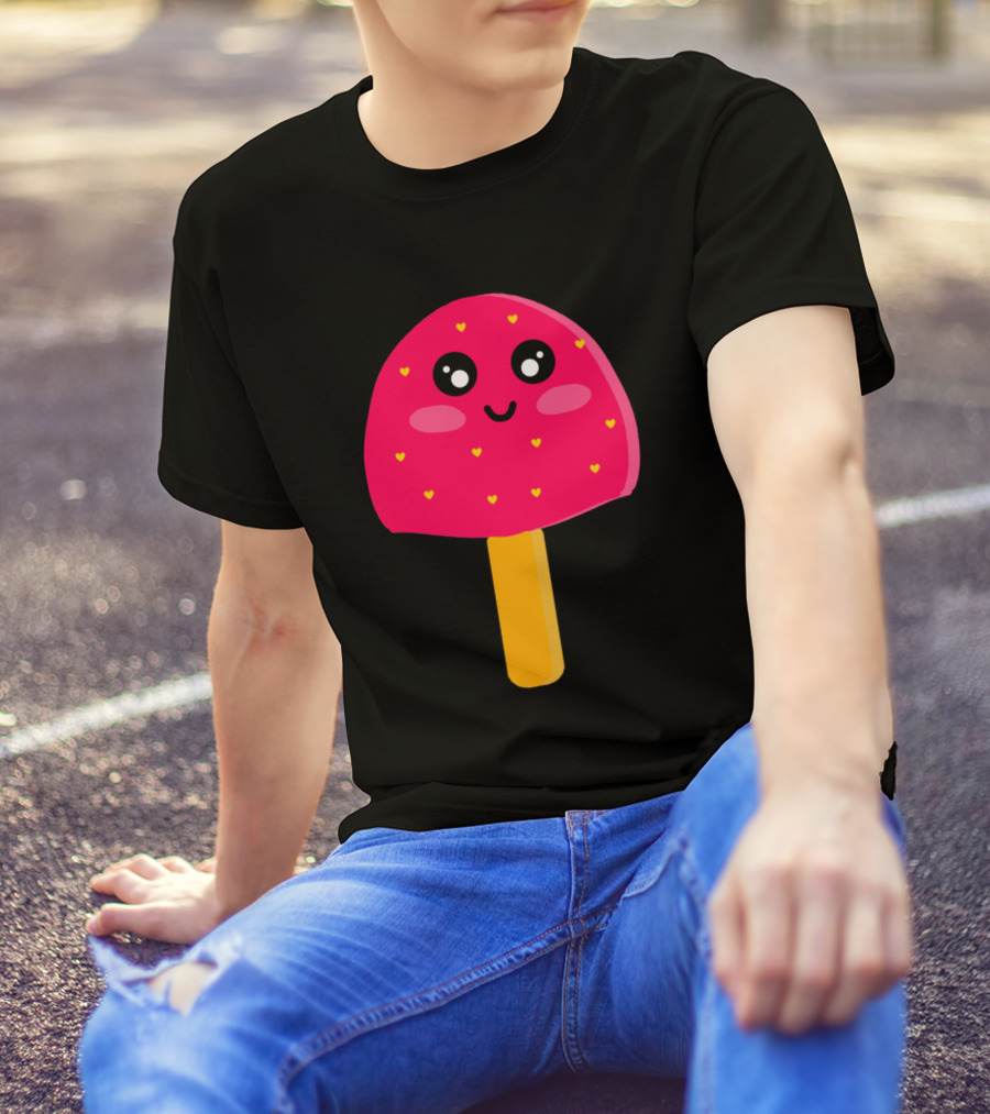 Pink Strawberry Ice Cream Cute Kawaii Heart Faces T-Shirt