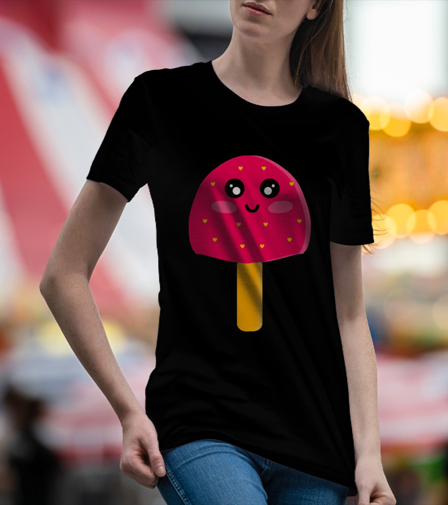 Pink Strawberry Ice Cream Cute Kawaii Heart Faces T-Shirt