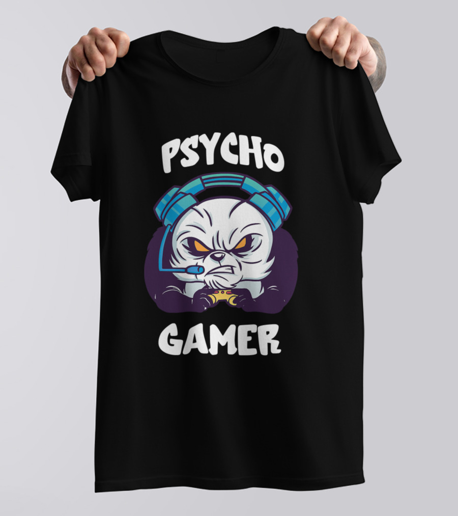 Psycho Gamer Panda Bear PC Video Gaming Funny Cons Headset Controller T-Shirt
