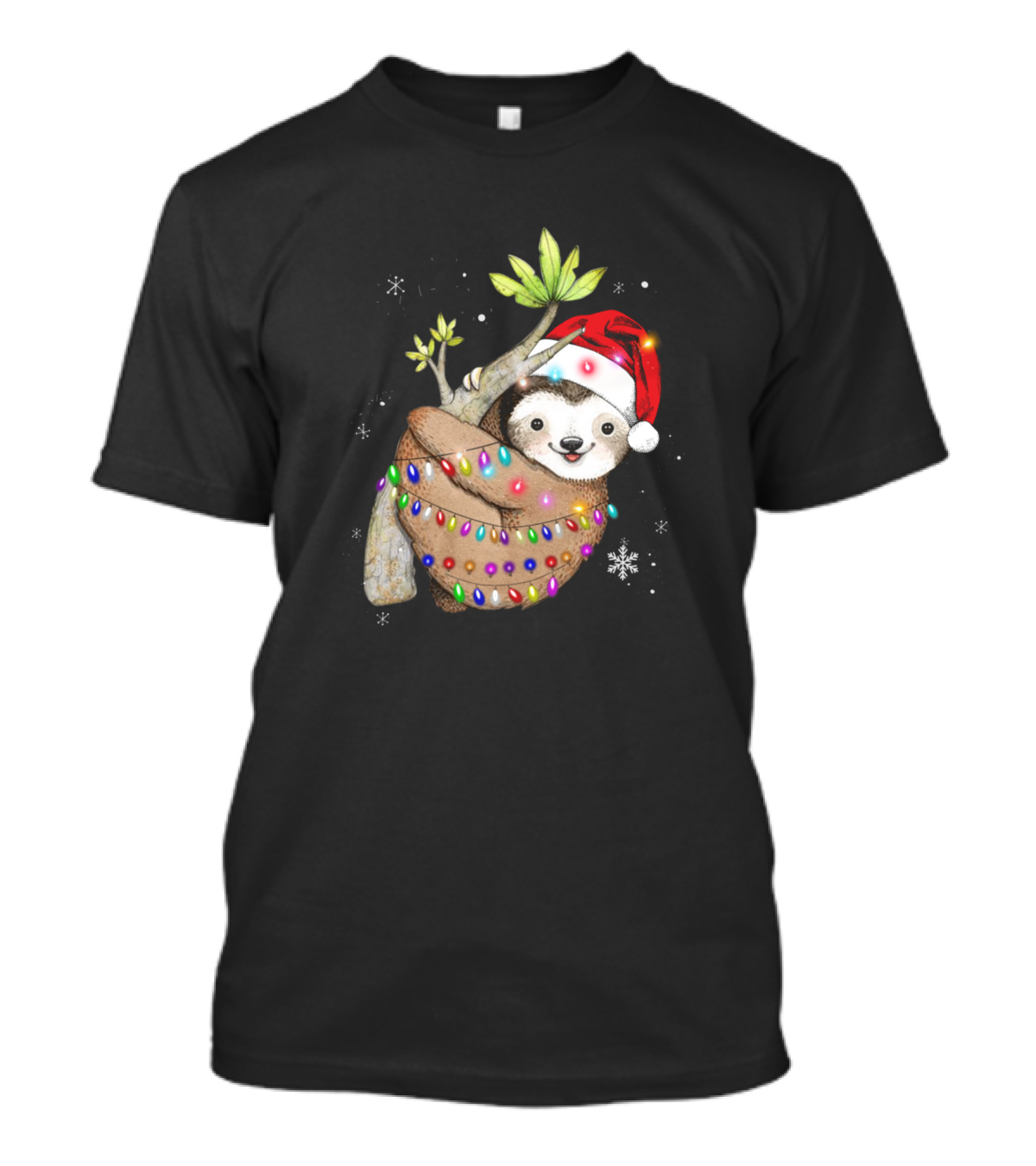 Santa Sloth Wrapped In Christmas Lights With Holiday Hat And Snowflakes T-Shirt