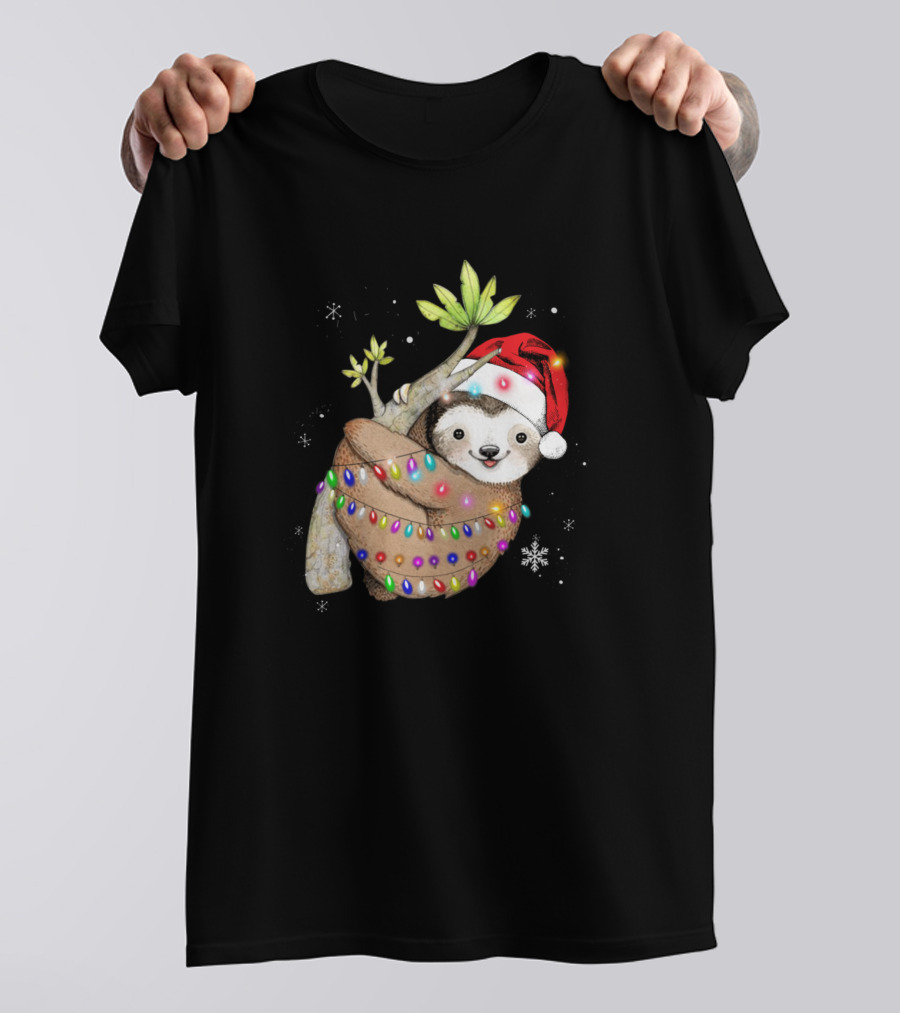Santa Sloth Wrapped In Christmas Lights With Holiday Hat And Snowflakes T-Shirt