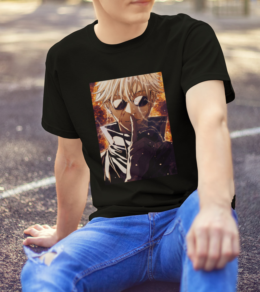 Satoru Gojou Anime Character With Fire Background T-Shirt