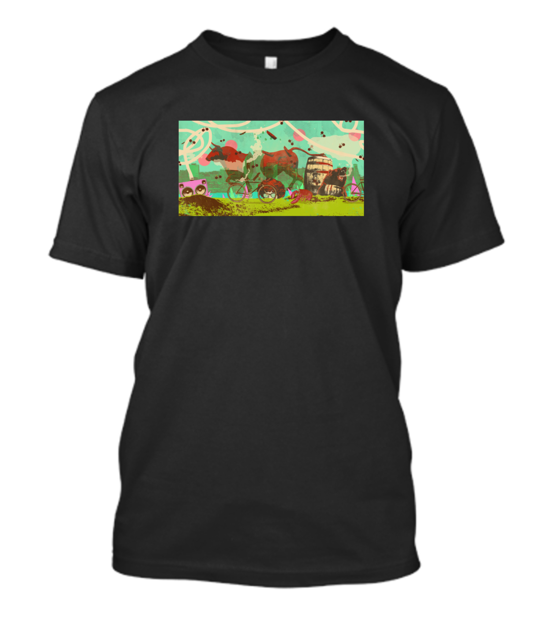 Surreal Portland Whimsical Animal Bicycle Scene With Barrel And Abstract T-Shirt