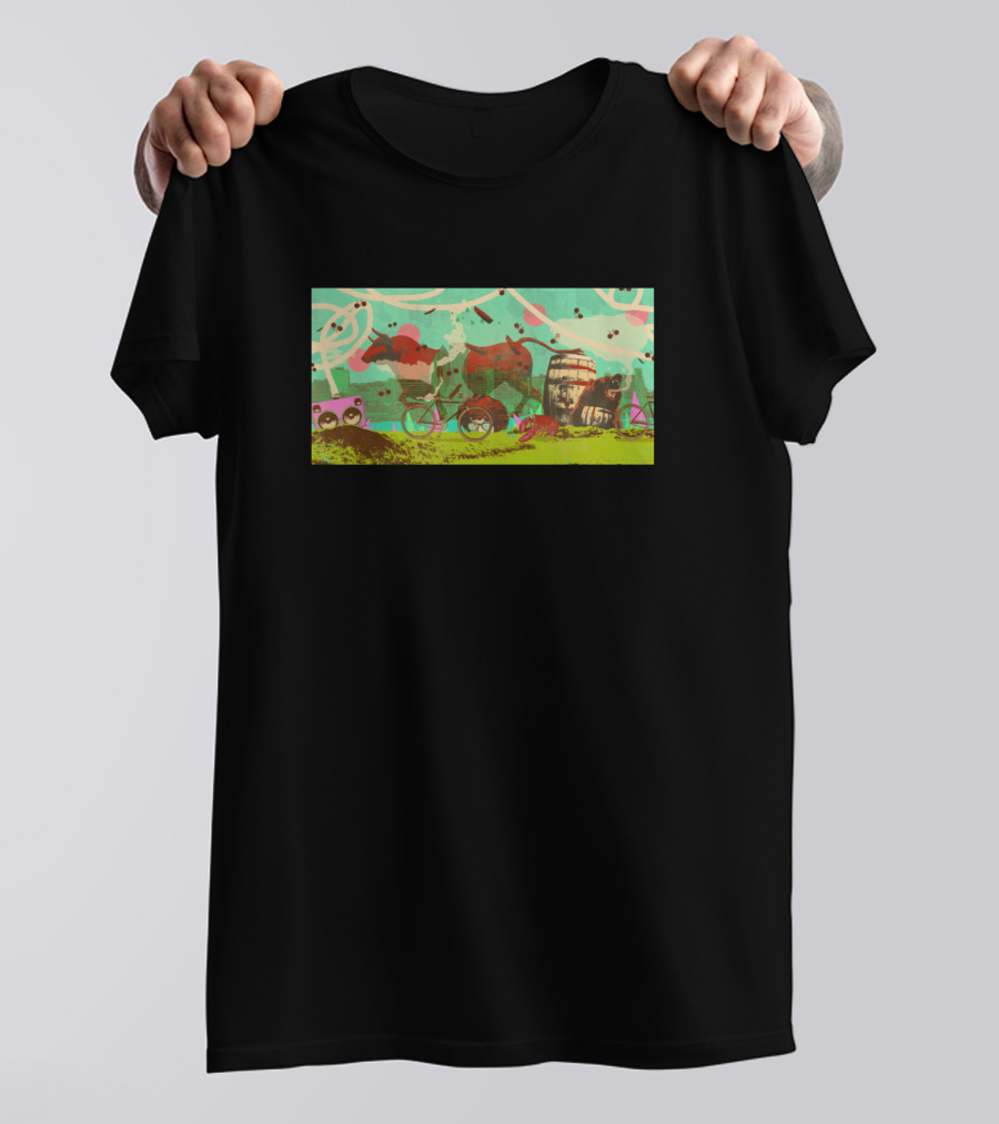 Surreal Portland Whimsical Animal Bicycle Scene With Barrel And Abstract T-Shirt
