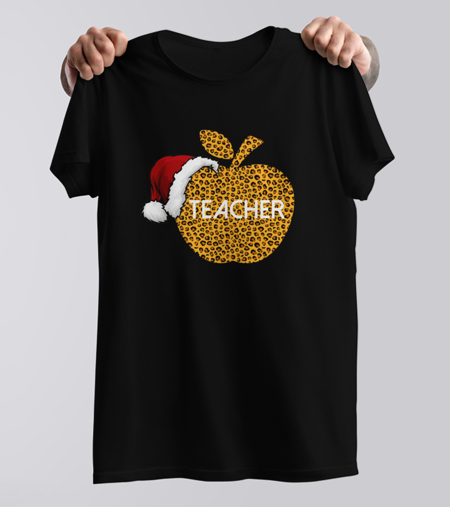 Teacher Leopard Apple With Santa Hat T-Shirt