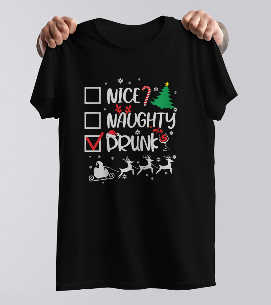 Nice Naughty Drunk Santa Claus Checklist Christmas Humor T-Shirt