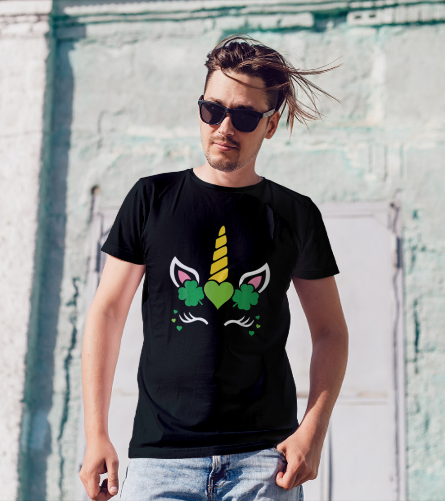 Unicorn Shamrock Heart Face St. Patrick's Day T-Shirt