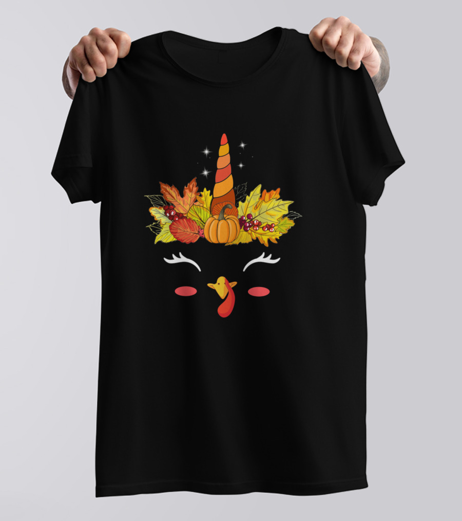 Thanksgiving Unicorn Turkey Face With Autumn Leaves And Pumpkin Horn T-Shirt