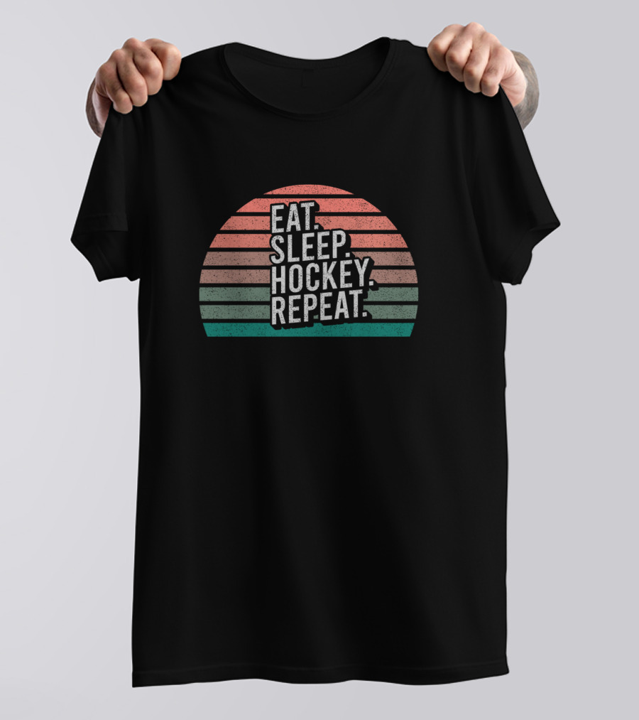 Eat Sleep Hockey Repeat Vintage Retro Sunset T-Shirt
