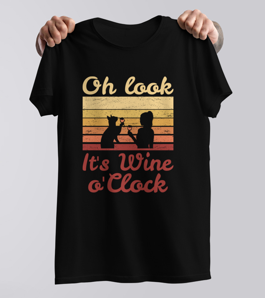 Oh Look It's Wine O'Clock Silhouette Cat And Person T-Shirt
