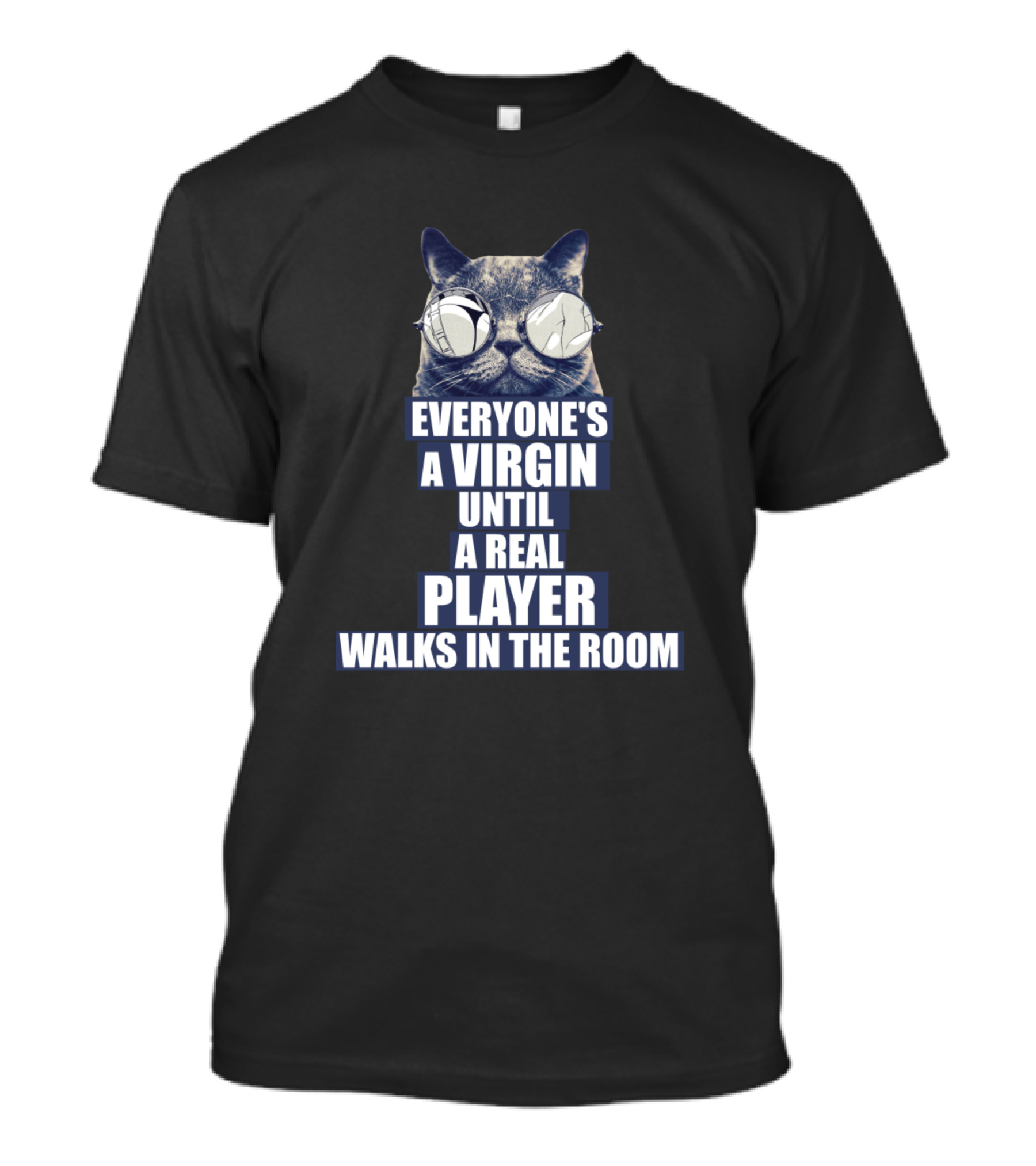 Everyone's A Virgin Until A Real Player Walks In The Room Funny Cat And Typography T-Shirt