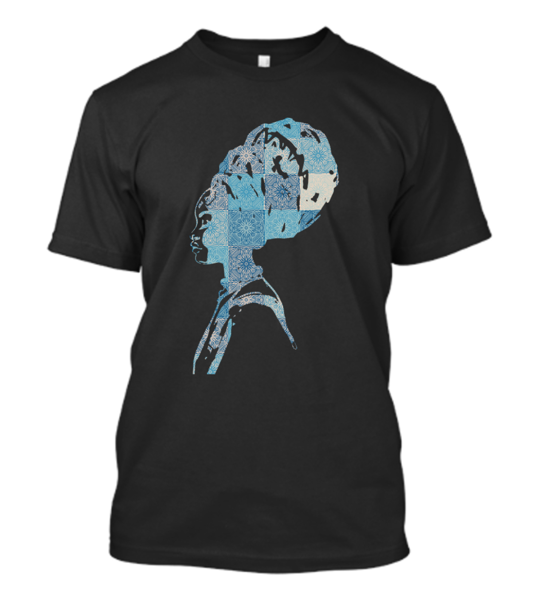 African Amazing Woman Artistic Profile Blue Pattern Headwrap T-Shirt