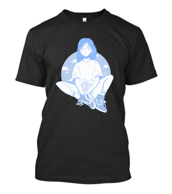 Blue Zen Sitting Anime Girl With Sneakers And Sky Background T-Shirt