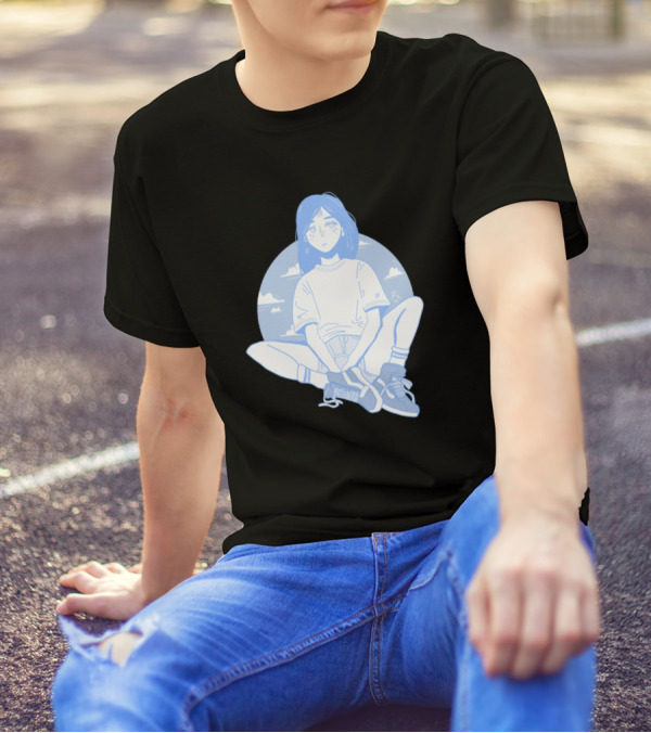 Blue Zen Sitting Anime Girl With Sneakers And Sky Background T-Shirt