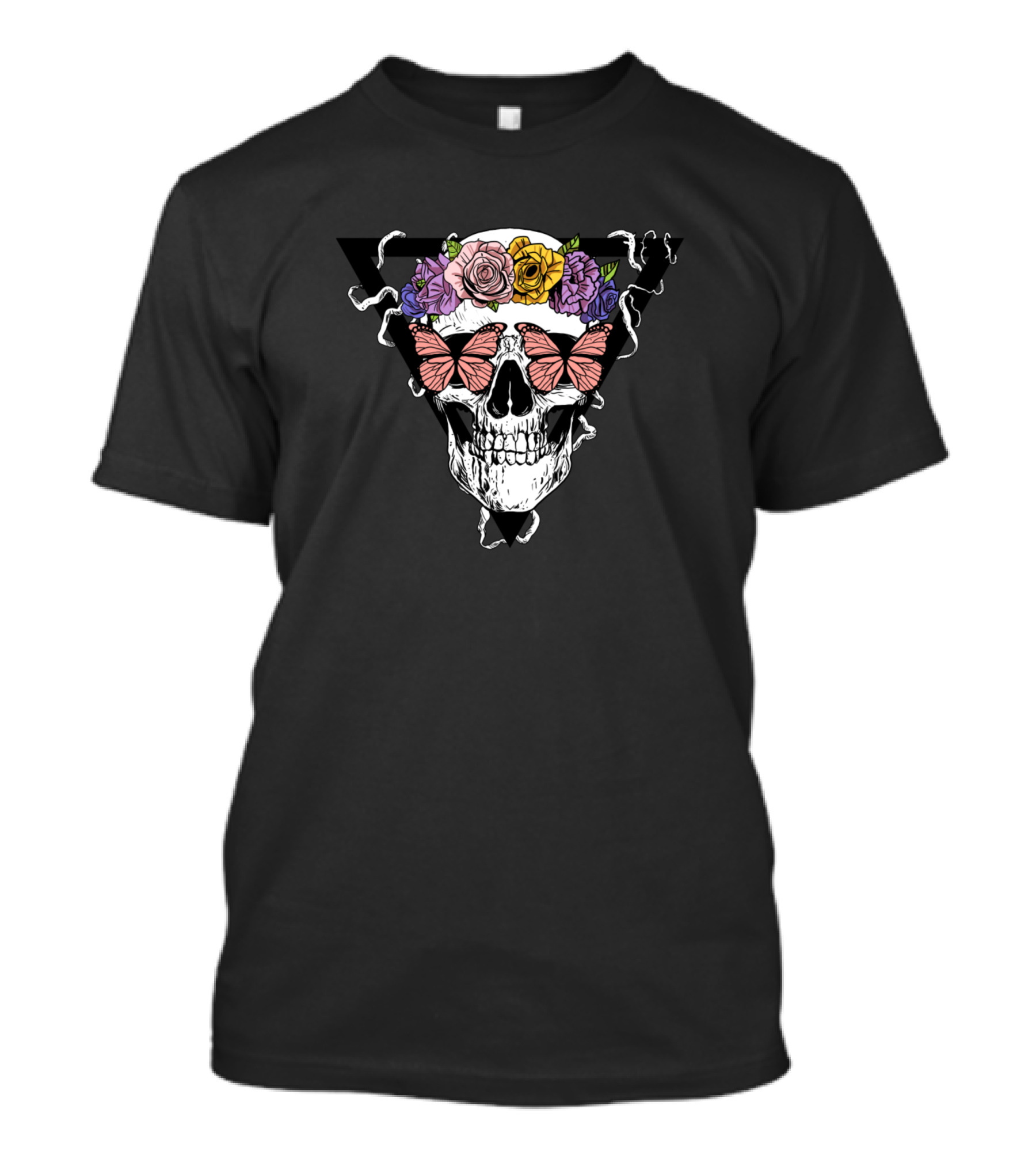 Skull With Floral Crown And Butterflies In Boho Rock T-Shirt