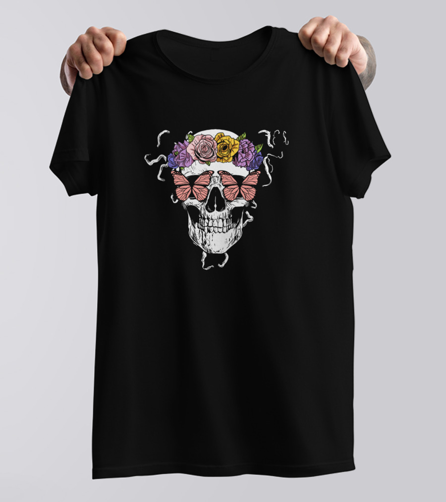 Skull With Floral Crown And Butterflies In Boho Rock T-Shirt