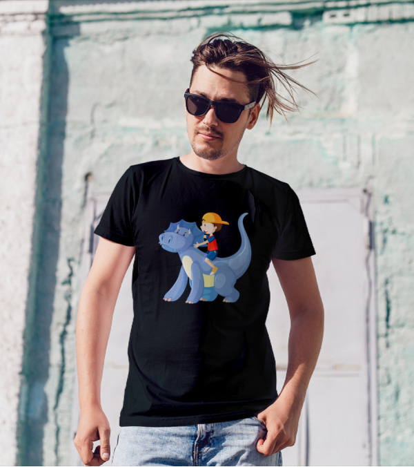 Boy Riding On Blue Dinosaur Cartoon Character In Yellow Cap And Red T-Shirt