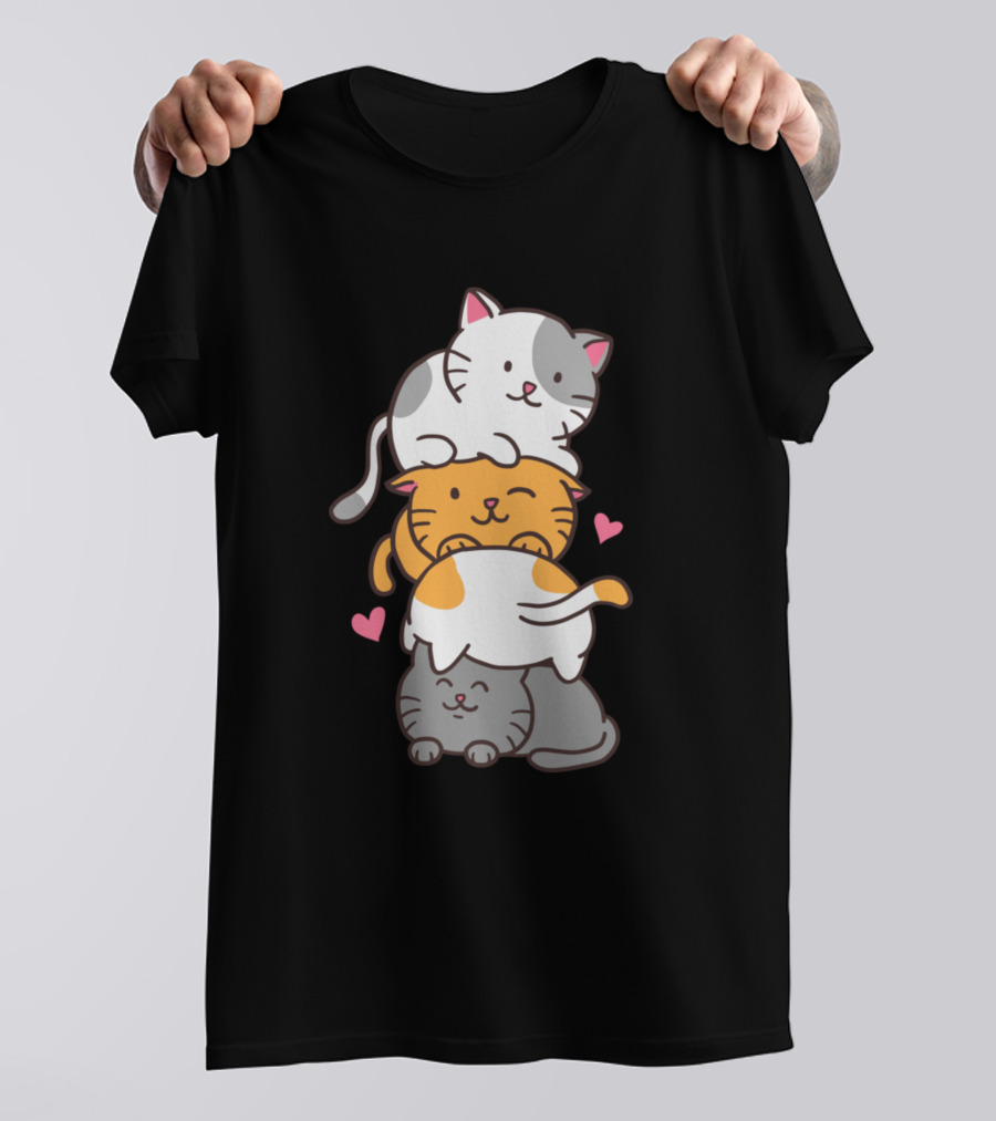 Cute Cat Cats Meowtain Kawaii Kitty Pile Anime Nek T-Shirt