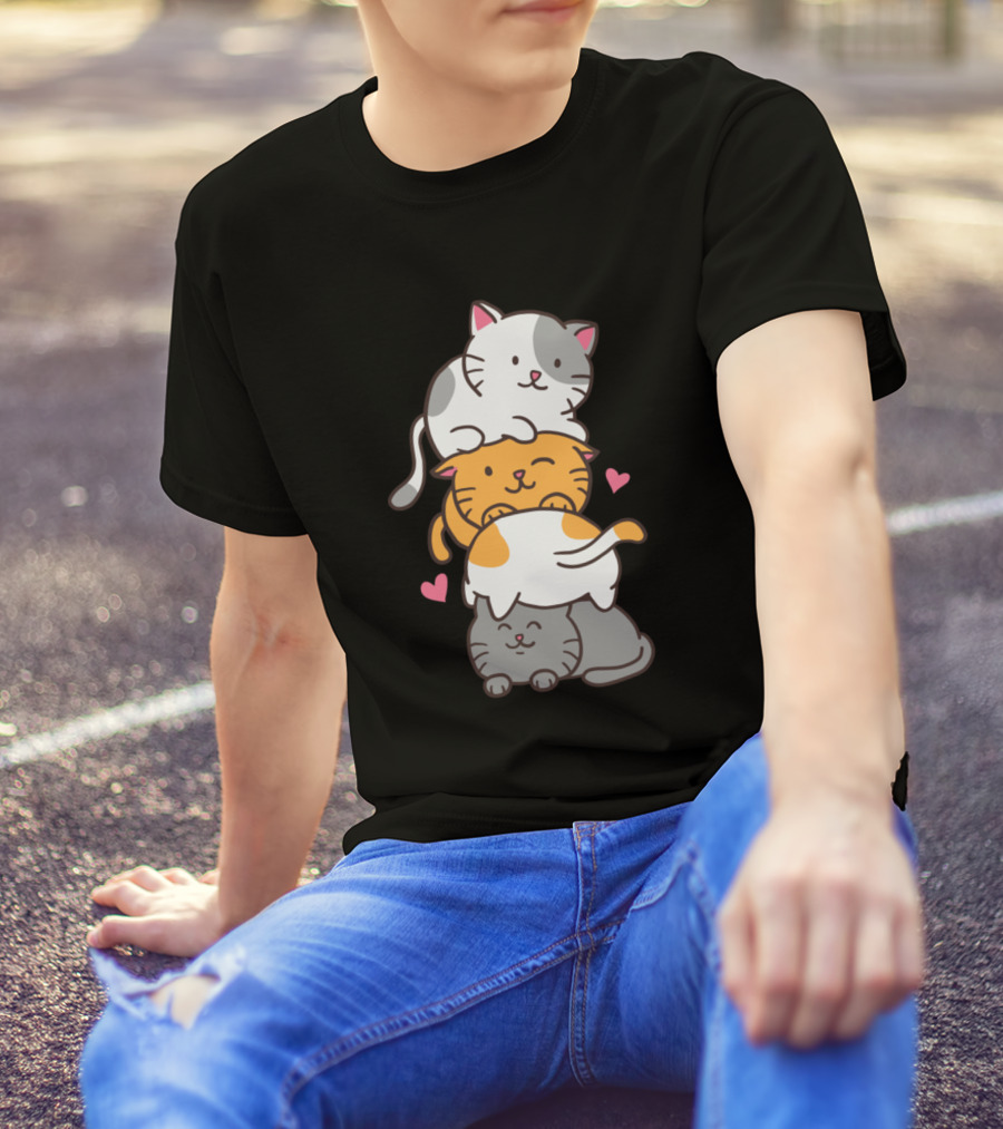 Cute Cat Cats Meowtain Kawaii Kitty Pile Anime Nek T-Shirt
