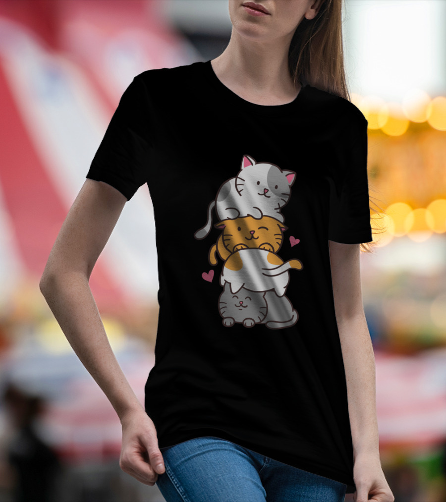 Cute Cat Cats Meowtain Kawaii Kitty Pile Anime Nek T-Shirt