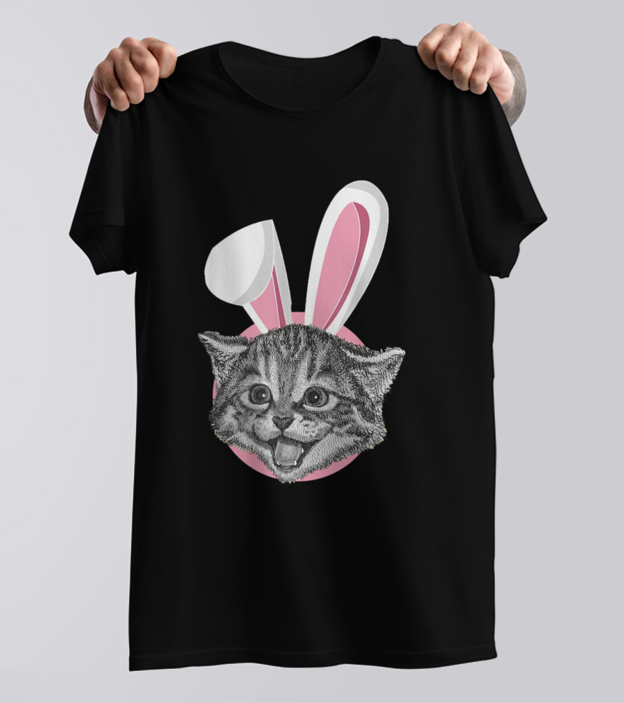 Cat With Easter Bunny Ears Funny Cute Kitten Lover Happy Face T-Shirt