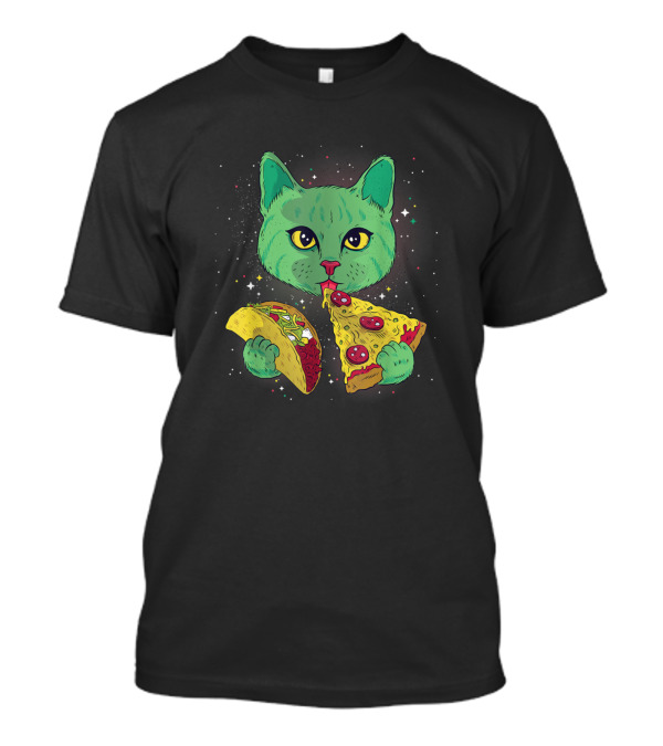 Cat Eating Pizza Slice And Taco In Space With Stars And Galaxy Background T-Shirt