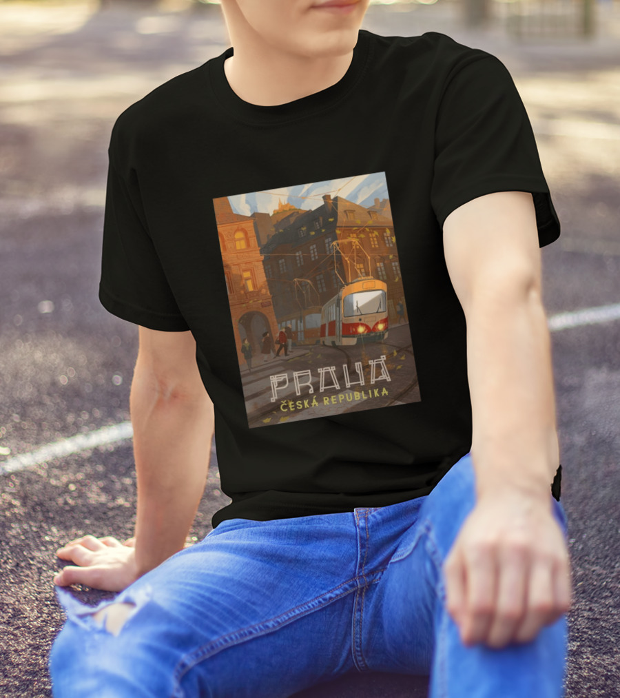 Praha Ceska Republika Vintage Tram Scene T-Shirt