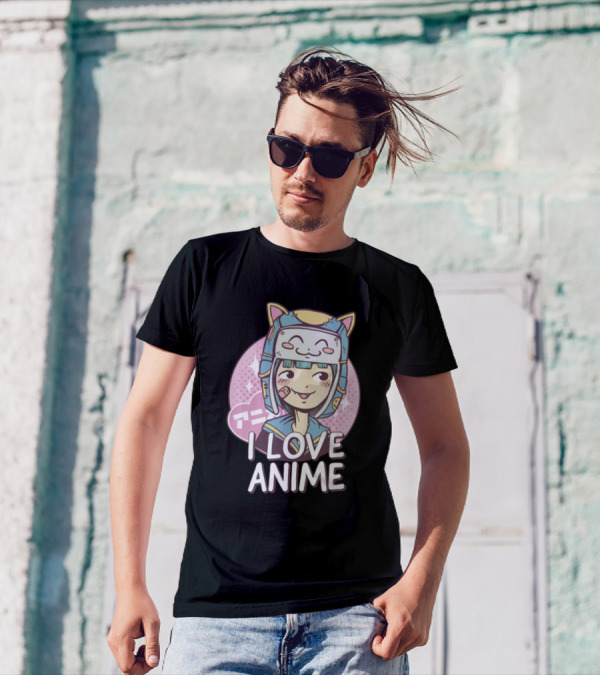 I Love Anime Cute Kawaii Girl With Cat Hat T-Shirt