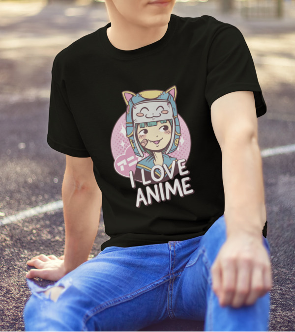 I Love Anime Cute Kawaii Girl With Cat Hat T-Shirt