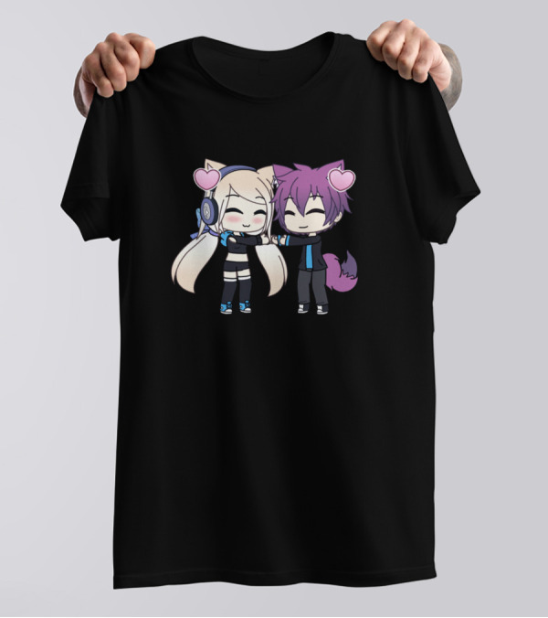 Cute Chibi Kawaii Anime Girl And Boy Couple With Heart Ears T-Shirt