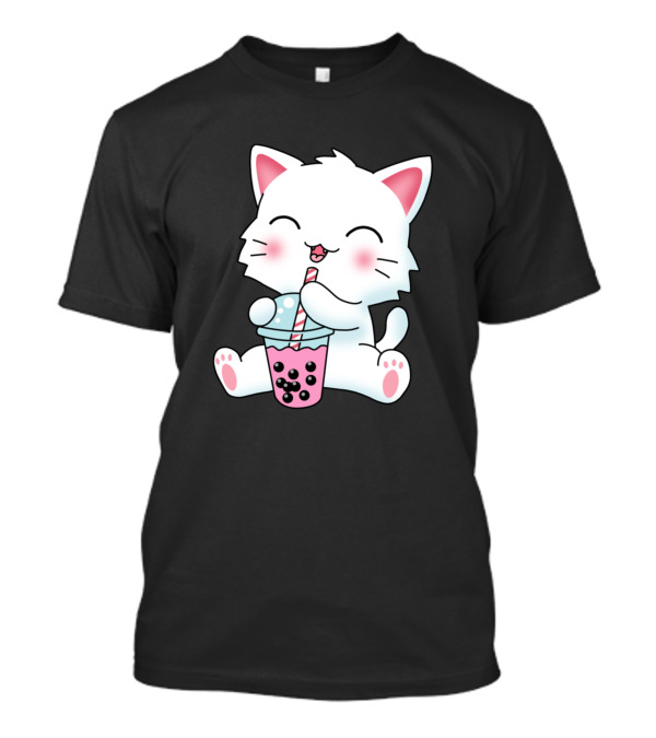 Kawaii Anime Cat Enjoying Bubble Tea Boba Milk Drink T-Shirt