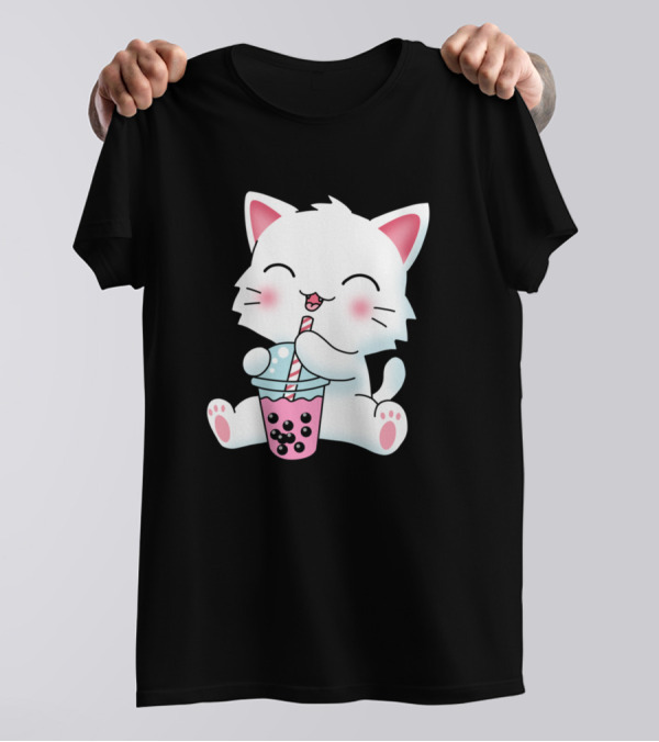 Kawaii Anime Cat Enjoying Bubble Tea Boba Milk Drink T-Shirt