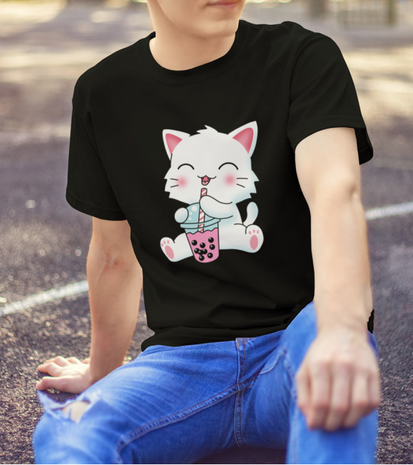 Kawaii Anime Cat Enjoying Bubble Tea Boba Milk Drink T-Shirt