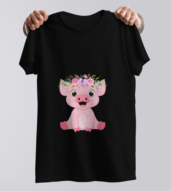 Oink Cute Little Pig With A Floral Crown T-Shirt