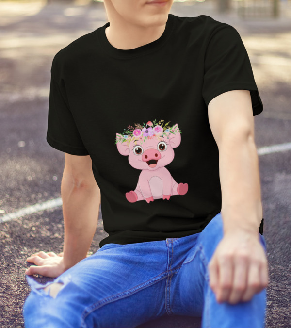Oink Cute Little Pig With A Floral Crown T-Shirt