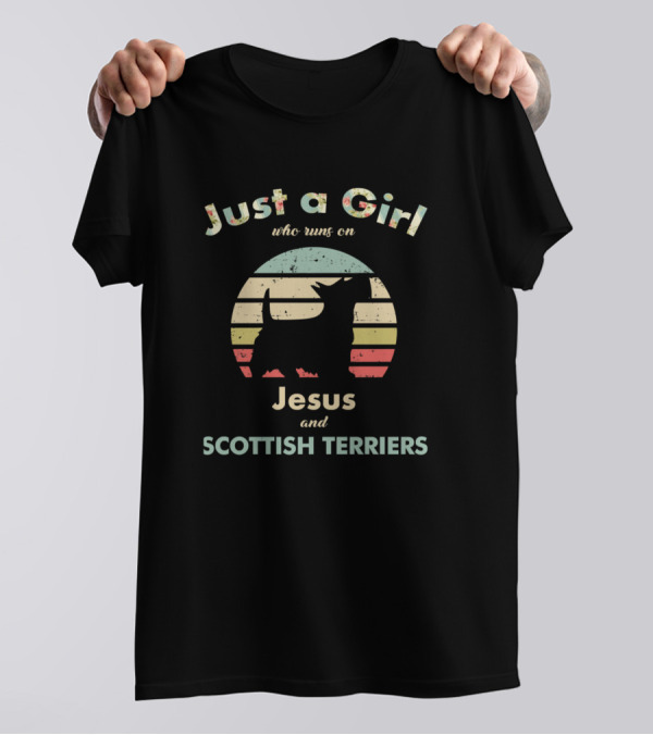 Just A Girl Who Runs On Jesus And Scottish Terriers Vintage Dog T-Shirt