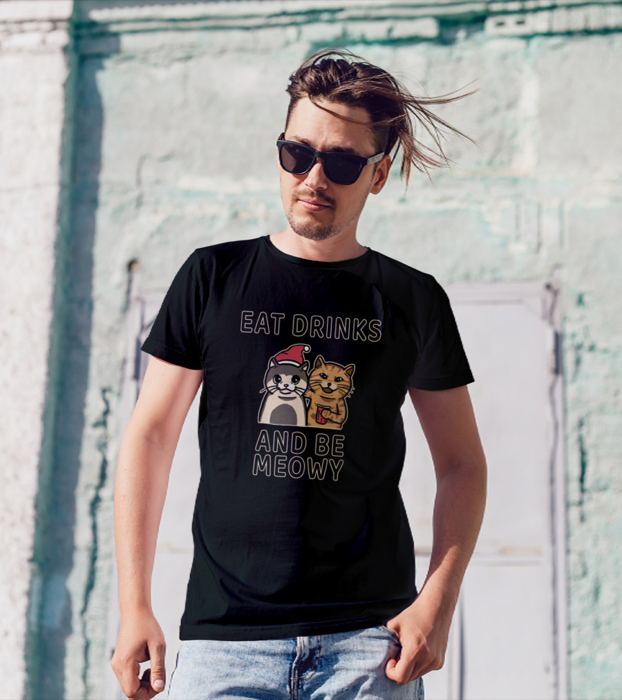 Eat Drinks And Be Meowy Santa Hat Cats T-Shirt