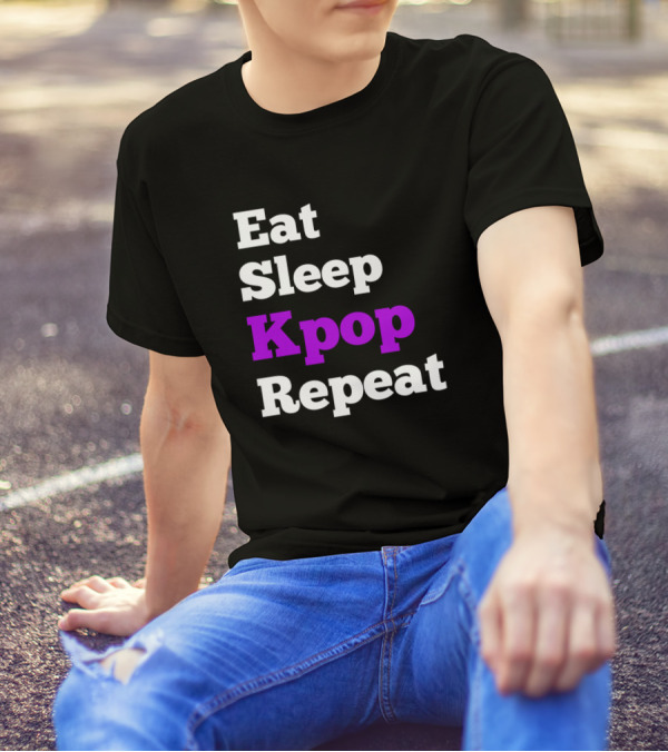 Eat Sleep Kpop Repeat Black And Purple Text T-Shirt