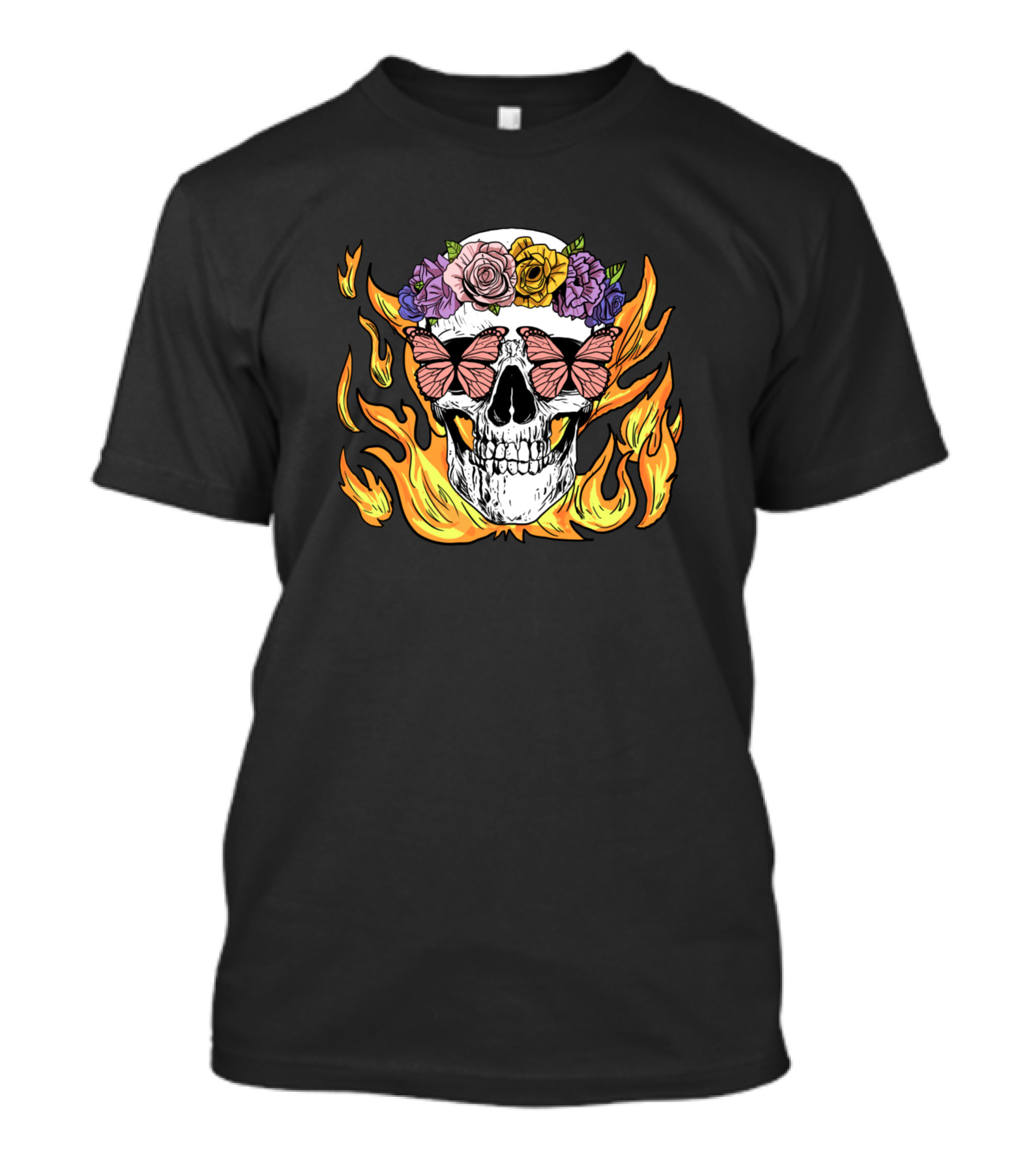 Floral Butterfly Skull In Flames T-Shirt