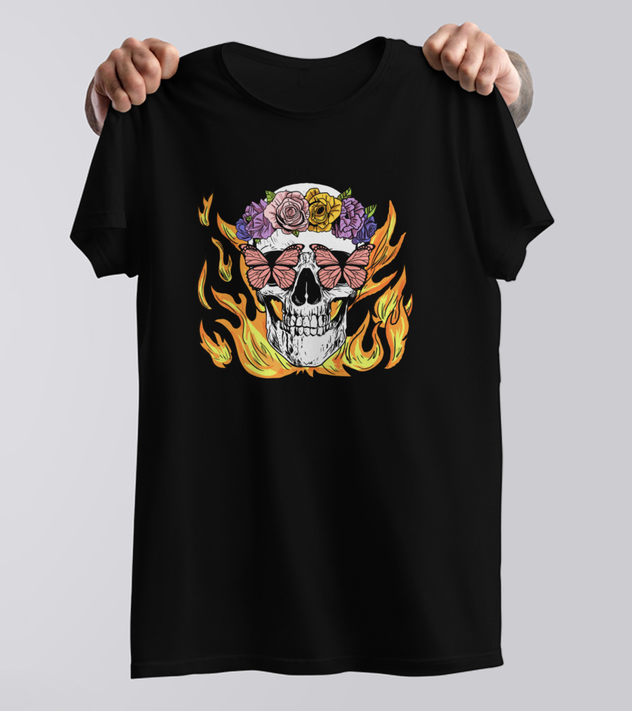 Floral Butterfly Skull In Flames T-Shirt
