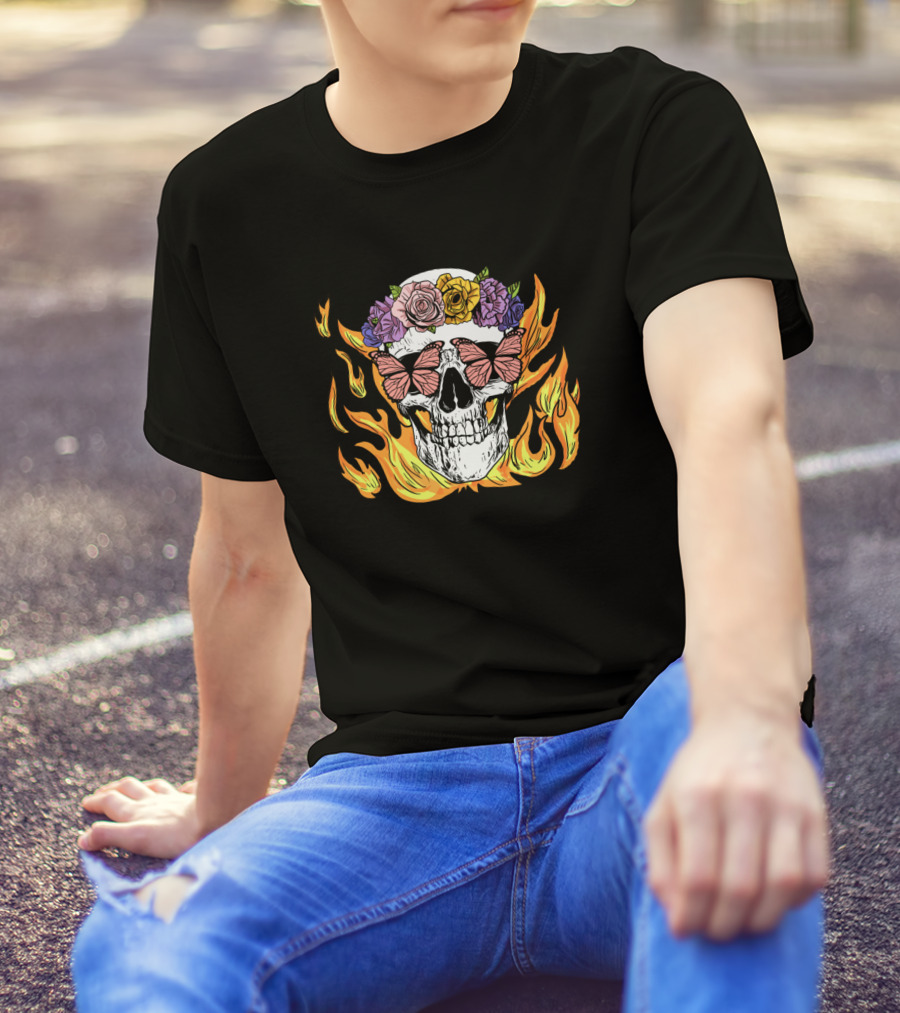 Floral Butterfly Skull In Flames T-Shirt