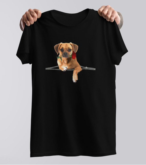 Puggle Dog With Rose And Zipper Pocket Lover T-Shirt