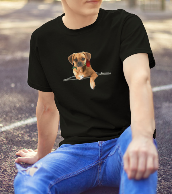 Puggle Dog With Rose And Zipper Pocket Lover T-Shirt
