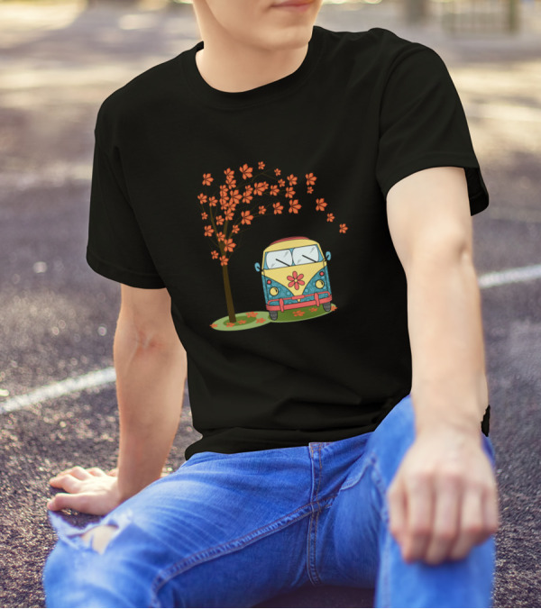Happy Camper Vintage Van Under Autumn Tree Blossoms T-Shirt