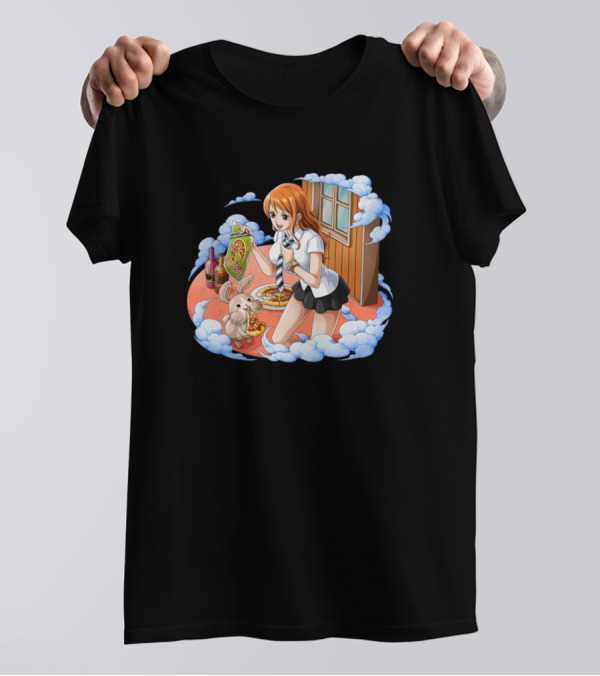 Nami Enjoying Pizza With A Bunny One Piece Anime T-Shirt
