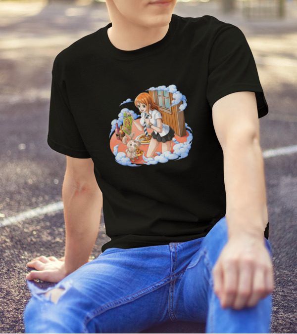 Nami Enjoying Pizza With A Bunny One Piece Anime T-Shirt
