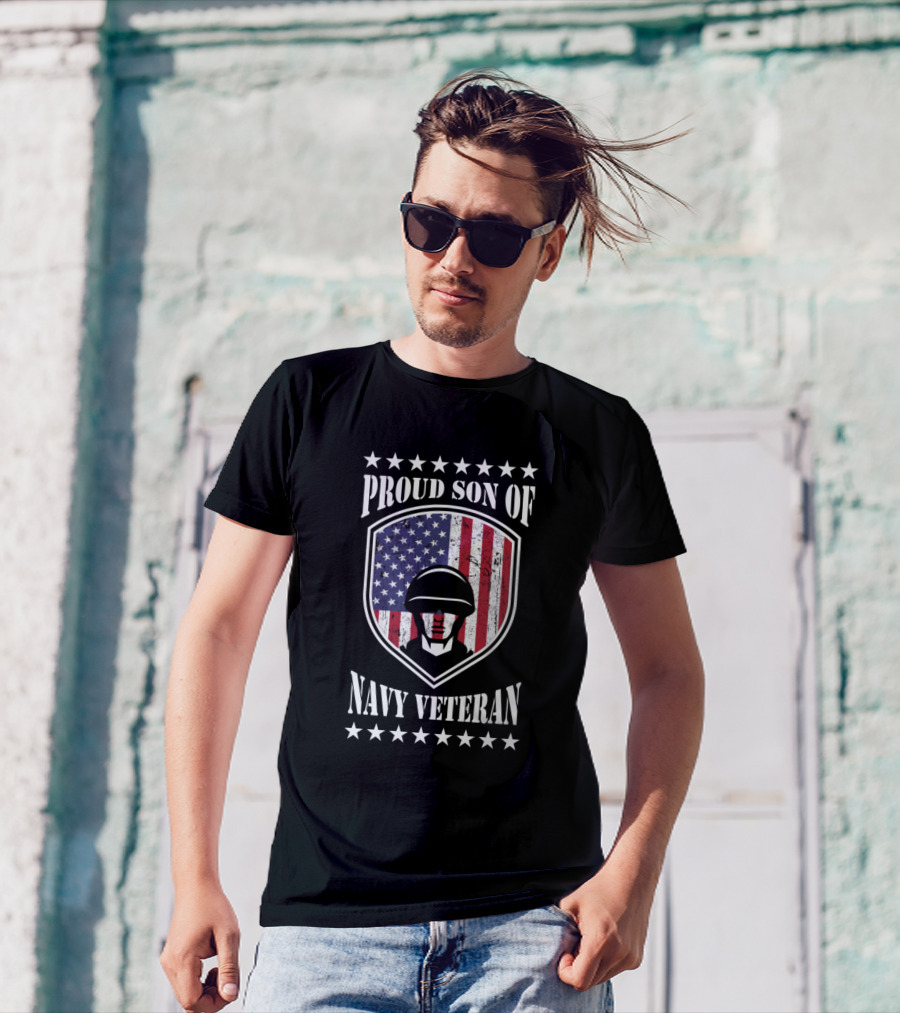 Proud Son Of Navy Veteran American Flag Shield Helmet T-Shirt