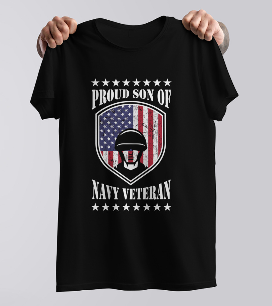 Proud Son Of Navy Veteran American Flag Shield Helmet T-Shirt