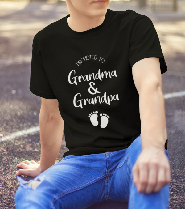 Promoted To Grandma And Grandpa With Baby Footprints T-Shirt